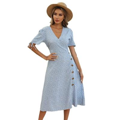 China 2021 New Arrival Anti-static Women's Floral Dress Puff Sleeve V-Neck Tie Split Summer Women's Tea Length Casual Dress for sale