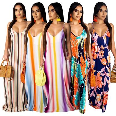 China Wholesale African Floral Breathable Striped Plus Size V Neck Maxi Dress Sleeveless Loose Summer Women Clothing for sale