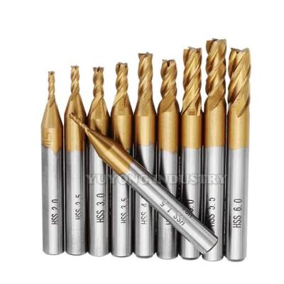 China Advertising Company Tools Ti Coated Straight HSS Shank 4 Flute Milling Cutter End Mill Milling Cutter Cutting Tools 10pcs/set 1.5-6mm for sale