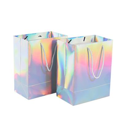 China Custom Printing Hologram Holographic Laser Color Logo Recyclable Make Up Cloth Gift Tote Paper Bag For Cosmetic Shopping Packaging for sale