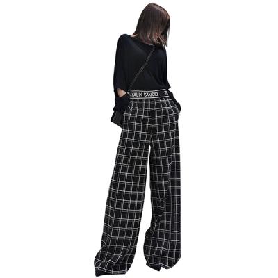 China QUICK DRY Plaid Black and White Straight Women Ladies Chemical Fiber Wide Leg Pants Set for sale