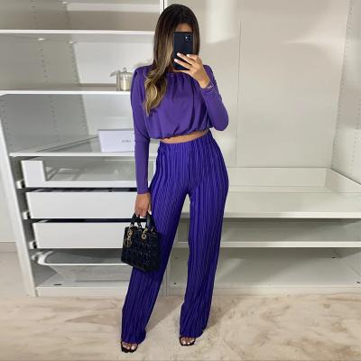 China 2023 Crew Neck Short Style Shirt Pressed Pleated High Waist Casual Trousers Two-Piece Set Suit for sale