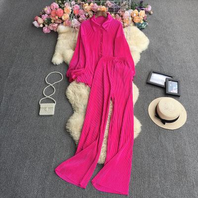 China New Style Fashion Candy Color Loose Folded Shirt + Elastic Trousers Sets Suit Weight 540g for sale