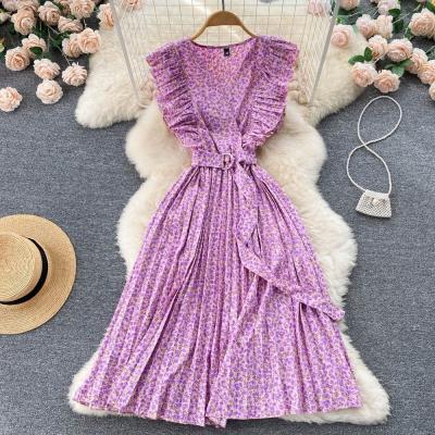 China Vintage Sweet Little Fresh Floral Dress Tie up Waist Pleated Skirt for sale