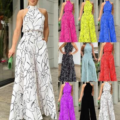 China Elegant Waist Drawstring Sleeveless Trousers Hanging Neck Printed Jumpsuit for sale