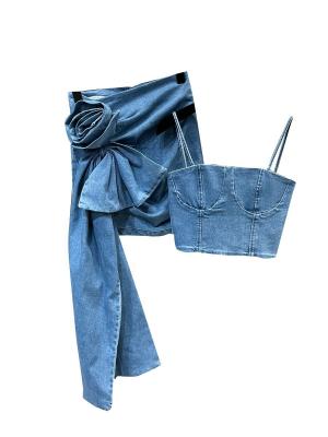 China Slimming Halter Rose Skirts Street Trend Denim Skirt Set for sale