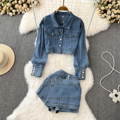 China Yk2 Fashion Suit Women′s High-Waisted Short Denim Jacket Shorts Two-Piece Set for sale