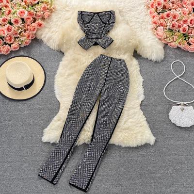 China Sexy Short Diamond Crop Tube Top Two Sets of High-Waisted Stretch Pants for sale