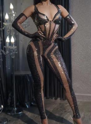 China Schwarzer Sequin Sexy Leotard Jumpsuit Weibliche Sängerin Performance Bühnenkostüm zu verkaufen