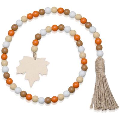 China 2021 Autumn Beads Garland Wholesale Farmhouse Decor With Wooden Vintage Harvest Maple Leaves Bead Tassel for sale