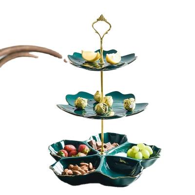 China Sustainable Best Selling Ceramic 3 tiers dessert tray Cake Plates Fruit and Candy tray and Dishes for Nuts Luxury for sale