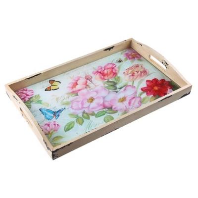 China Home Hotel Restaurant Vintage Flowers Designs Simple Wooden Rectangular Trays With Handles Flower Flower Printed Custom Wooden Tray For Coffee / Tea for sale