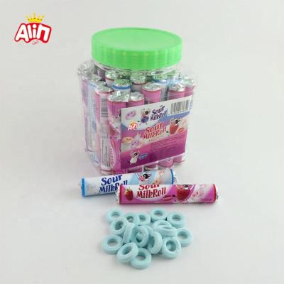 China Natural Round Hollow Sour Milk Strawberry Blueberry Flavor Tablet Hard Candy for sale