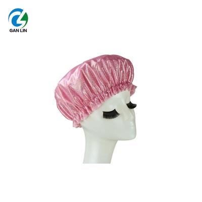 China New Design Sustainable Shining Laser Fabric Prevent Wet Hair Shower Cap for sale