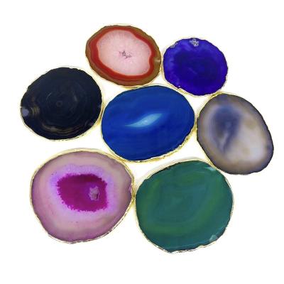 China Wholesale Natural Europe Agate Coaster With Gold Trim Quartz Crystal Slice Coaster For Home Decor for sale