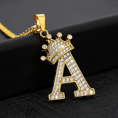 China FASHIONABLE Cubic Alphabet Stainless Steel Zircon Rhinestone Hip Hop Pendant Necklaces Chain Crown Initial Letter Necklace Jewelry for sale