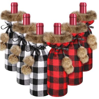 China Acrylic Fibers Knit Christmas Buffalo Plaid Wine Bottle Covers Sweater Fur Wine Bottle Pocket for sale