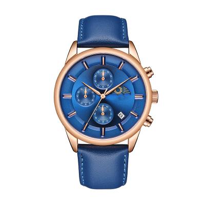 China Chronograph Low Cost Leisure Design Genuine Leather Strap Watches Men Waterproof Quartz Watches for sale