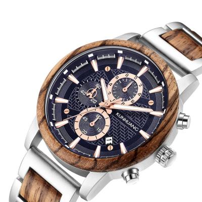 China Luxury Real Three Eyes Sports Wooden Watches Date Automatic Luminous Wood Style Quartz Wrist Watch For Men for sale