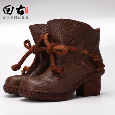 China Fashion Pure Color Lace Anti-Smell Comfortable Genuine Leather Flat Handmade Boot Shoe For Woman Lady Girl Good Quality Autumn Winter for sale