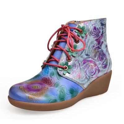 China New Design Women Vintage Anti-odor Ankle Boot National Totem Colorful Genuine Leather Lady Winter Shoe for sale