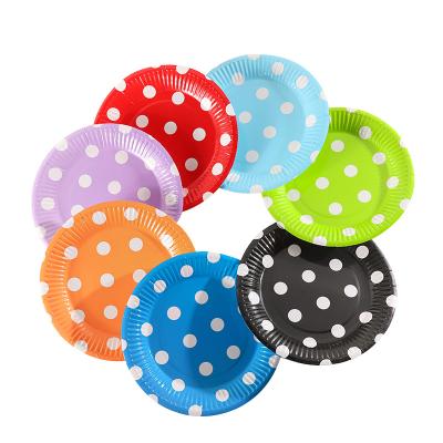 China New Modern Birthday Party Supplies 7 Inch Dot Paper Plate Colorful Cake Dish Disposable BBQ Dish for Baby Shower and Wedding for sale