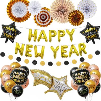 China Fashion Rose Gold Happy New Year Letter Alphabet Shape Star Foil Balloons Latex Globos Fan Paper Banner For Party Decoration for sale