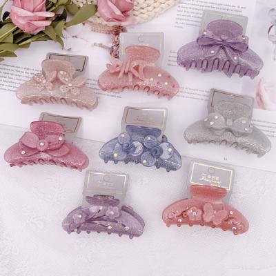 China Girl Hair Decoration Pour 3D Flower Butterfly Clip Plastic Hair Clip Luxury Glitter Long Hair Claw Clip for sale