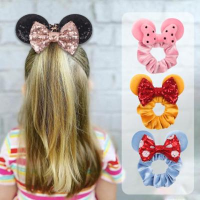 China Cute Fashion Girl Mouse Ears Sequin Bow Elastic Velvet Hair Ponytail Scrunchies For Kids for sale