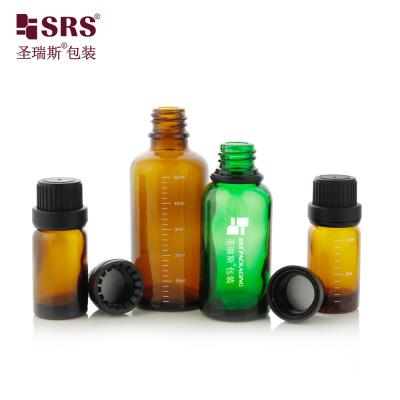 China Transparent Amber Blue Green Color Glass Bottle For Essential Oil With Child Proof Lid for sale