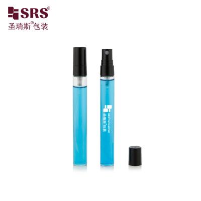 China BLPP-10ML 14mm DIA Fumaza fina de tamaño de bolsillo Botella de vidrio de tubo transparente con bomba de pulverización de plástico negro para perfumes en venta