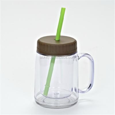 China China Viable Factory Acrylic Mason Jars Handle With Straw Lid, Glass Mason Jar Pump Lid Wholesale for sale