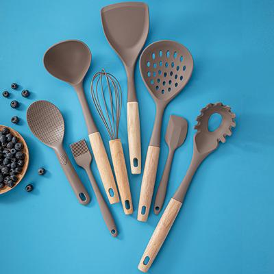 China Viable 8 Pieces Silicone Kitchen Accessories Cooking Tools Kitchen Utensils With Wooden Handle Silicone Kitchenware Set for sale