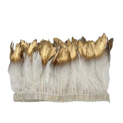 China Hot-Wholesale Gold Spray 6-8 Inch (15-20 cm) White Curved Goose Feathers Trims Fringe With Sewing Crafts Suits Decoration for sale