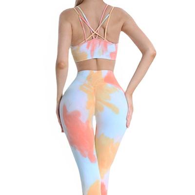 China Breathable Summer Waisted Yoga Top Shorts Tie To Dye Active Wear Women Seamless Butt 2Pcs Set Crac! crack! for sale