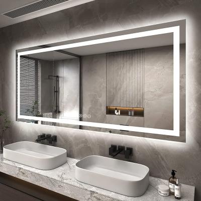 China Modern Style Bright Rectangular LED Display Mirror Bathroom Customized Anti-fog Device Backlit Touch Screen Smart Mirror for sale