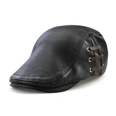 China PU Leather Hats Fashion Eco-friendly Dye Men Beret Bandage Hat Spring Flat Cap Spring Flat Cap Windproof Side Strap for sale