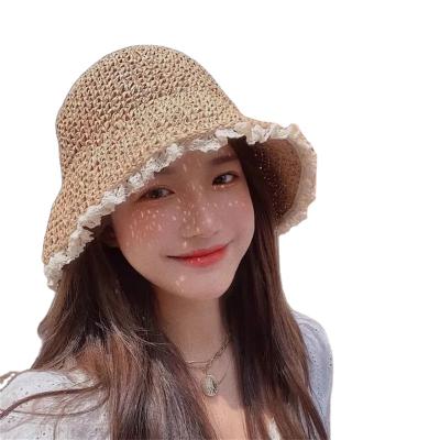 China Wholesale Female Sun Hat Character Spring and Summer Lace Trim Beach Crochet Foldable Paper Bucket Straw Hats for sale