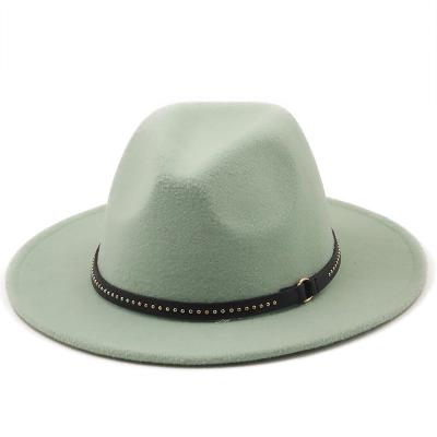 China Picture Solid Color High Quality Wool Felt Fedora Hats With Chain Large Wide Brim Fedora With Leather Band for sale