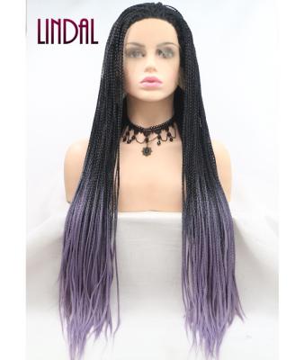 China LINDAL Long Braid Synthetic Hair 24inch Long Box Braided 13*3 Lace Front Braided Wigs Natural Ombre Purple Micro Braided Wigs for sale