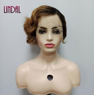 China LINDAL Tpart curly wig pixie cut human wig 1/30 lace color pixie curls wig hair ombre pixie closure for sale