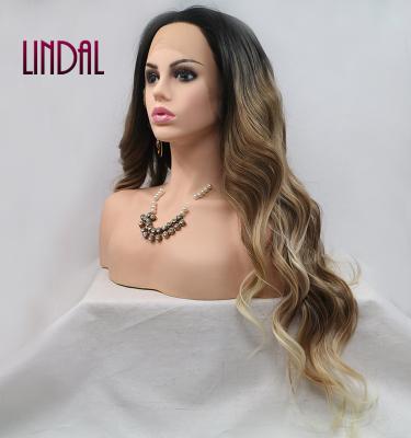 China China Wholesale High Quality LINDAL Long Natural Wavy Heat Resistant Blonde Ombre With Highlights Long Natural Wavy Lace Front Synthetic Hair Wig for sale