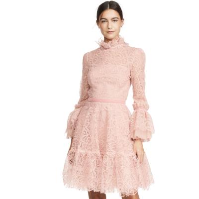 China Breathable Soft Pink Lace Women Dress Long Puff Sleeve Ruffles Ladies Dress for sale