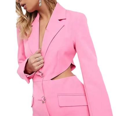 China 2021 Customs Breathable Fashion Elegant Lady Office Wear Hollow Out Wholesale Pink Formal Cut Out Long Sleeve Female Blazer Women Suits for sale