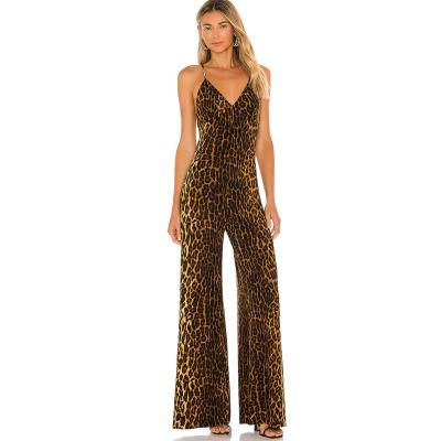 China Hot Sale Summer Breathable Leopard Print Wide Leg Cross Backless Women V Neckline Casual Overalls for sale