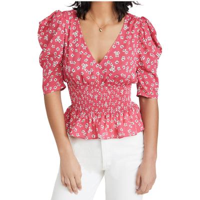 China OEM Women Summer Casual Red Floral Pint Upper Waist Breathable Sleeve Blouses Smocked Shirt for sale