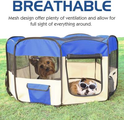 China Pawaboo Breathable Dog Playpen, Zipper Sealed Soft Bottom Portable Foldable Pet Playpen with Carry Bag, Blue and Khaki for sale