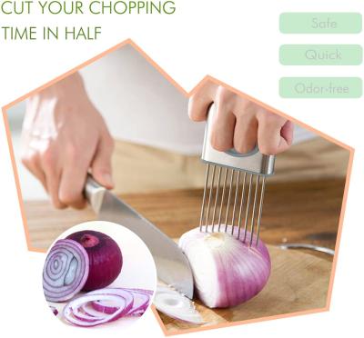 China All-in-one Sustainable Stainless Steel Onion Rack, Multifunctional Kitchen Rack Slicer Guide Tools Cutter for Vegetable Fruit Meat for sale