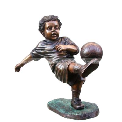 China Europe Kindergarten Statue Little Boy Children Life Size Figure Statue Bronze Football Playing Boy for sale