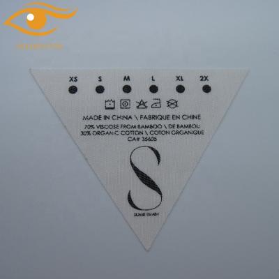 China Triangle Sustainable 100% Cotton Printed Care And Size Label For Garment Cotton Label Tag for sale